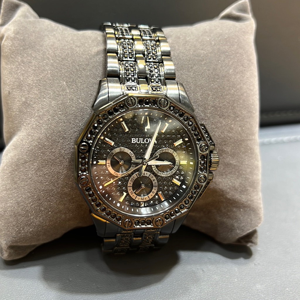 Man Bulova Black Watch With Crystal